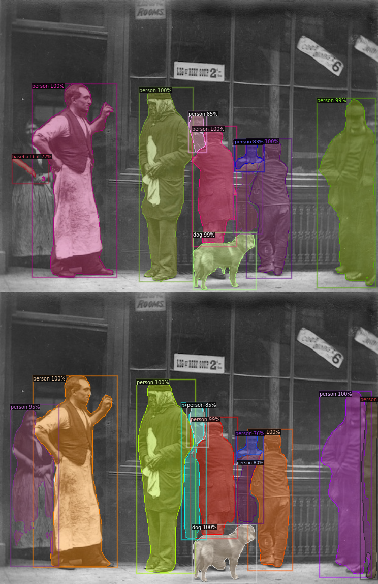 Default Mask R-CNN (top) vs. Mask R-CNN with PointRend (bottom) comparison