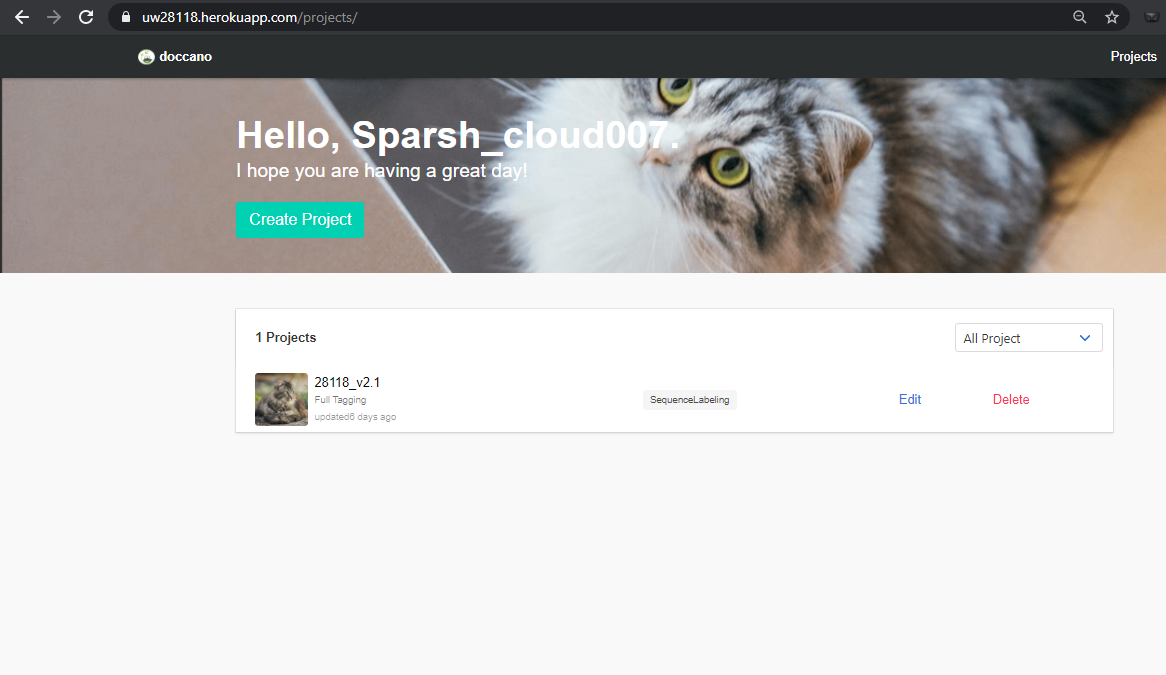fig 2: Doccano&#39;s deployed app homepage