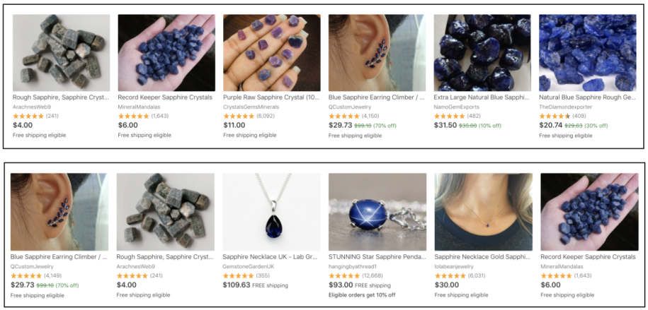 Personalized search results for query &quot;sapphire&quot;. User purchased &quot;gemstone&quot;, &quot;crystal&quot;, and &quot;birthstone&quot; items (top). User purchased &quot;necklace&quot; and &quot;jewelry&quot; items (bottom).