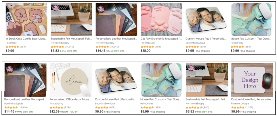 Results for query ”mousepad”. Top user previously purchased ”kawaii” and ”cute” items; bottom user purchased ”monogram” and ”family photo” items.