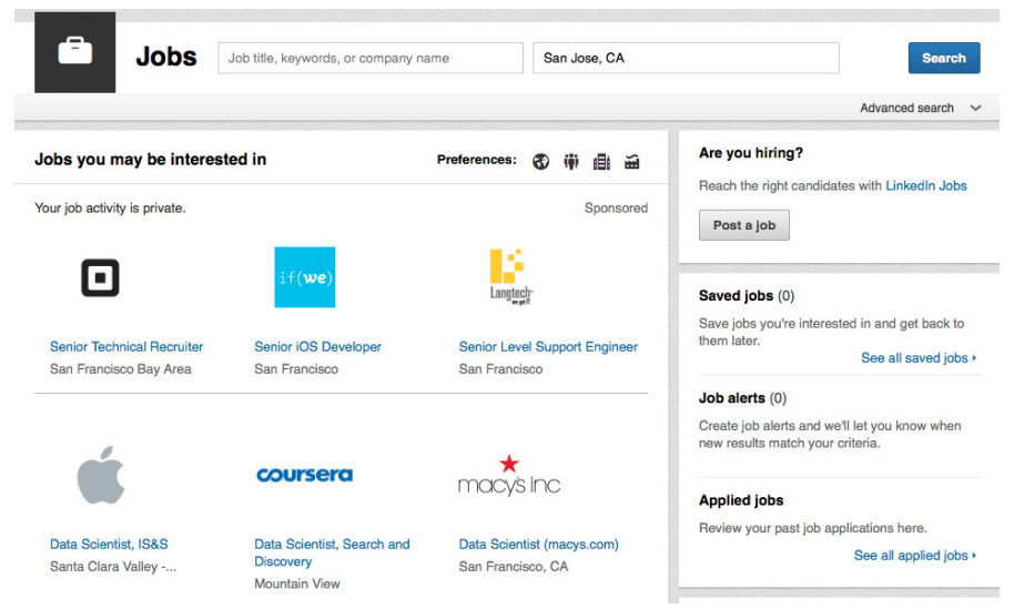 A snapshot of the LinkedIn jobs homepage.